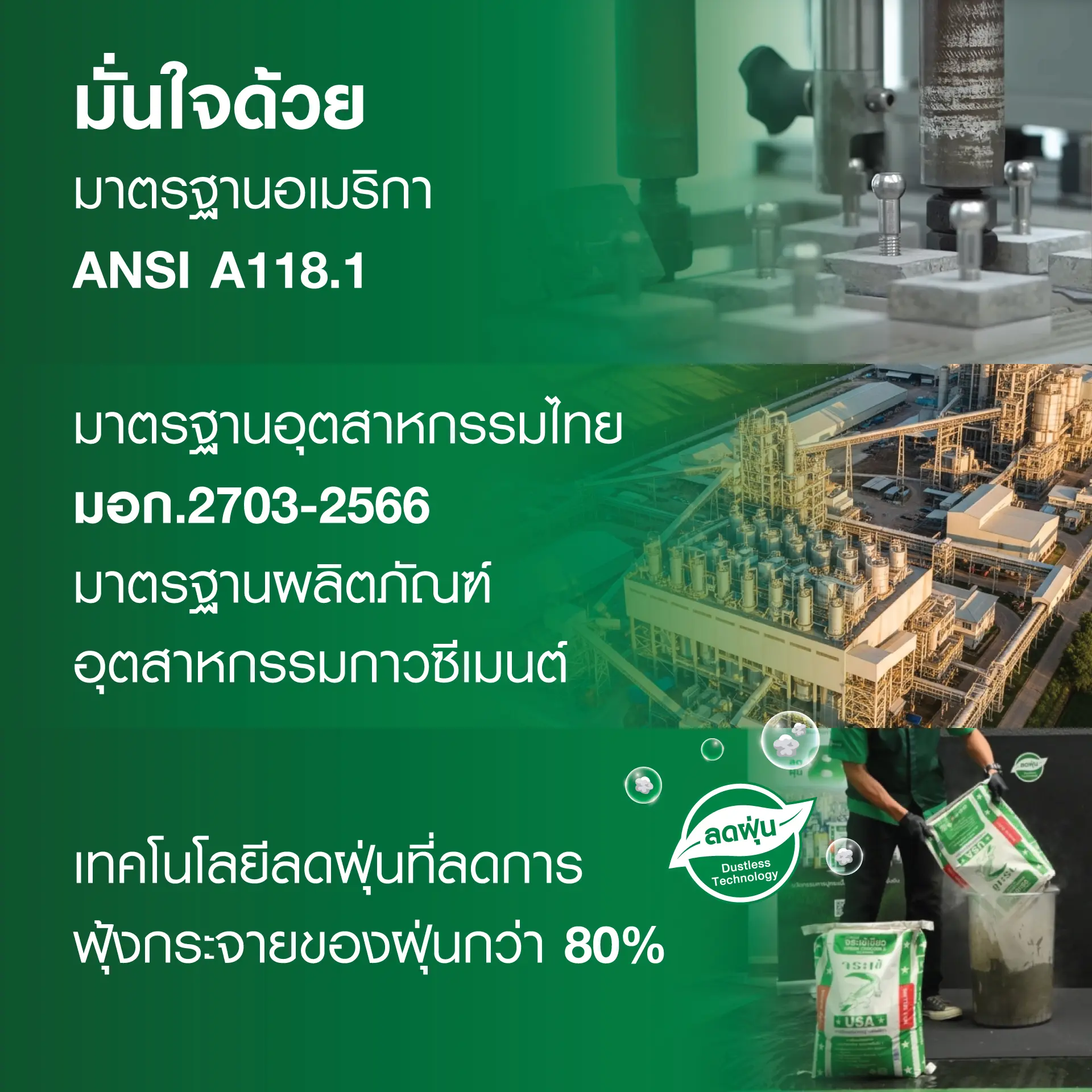 มั่นใจด้วยมาตรฐานอเมริกา ANSI A118.1 มาตรฐานอุตสาหกรรมไทย มอก.2703-2566 มาตรฐานผลิตภัณฑ์อุตสาหกรรมกาวซีเมนต์ เทคโนโลยีลดฝุ่นที่ลดการฟุ้งกระจายของฝุ่นกว่า 80%