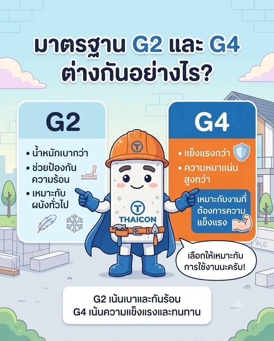 มาตรฐานอิฐมวลเบา G2 และ G4 ต่างกันอย่างไร G2 เน้นเบาและกันร้อน G4 เน้นความแข็งแรงและทนทาน