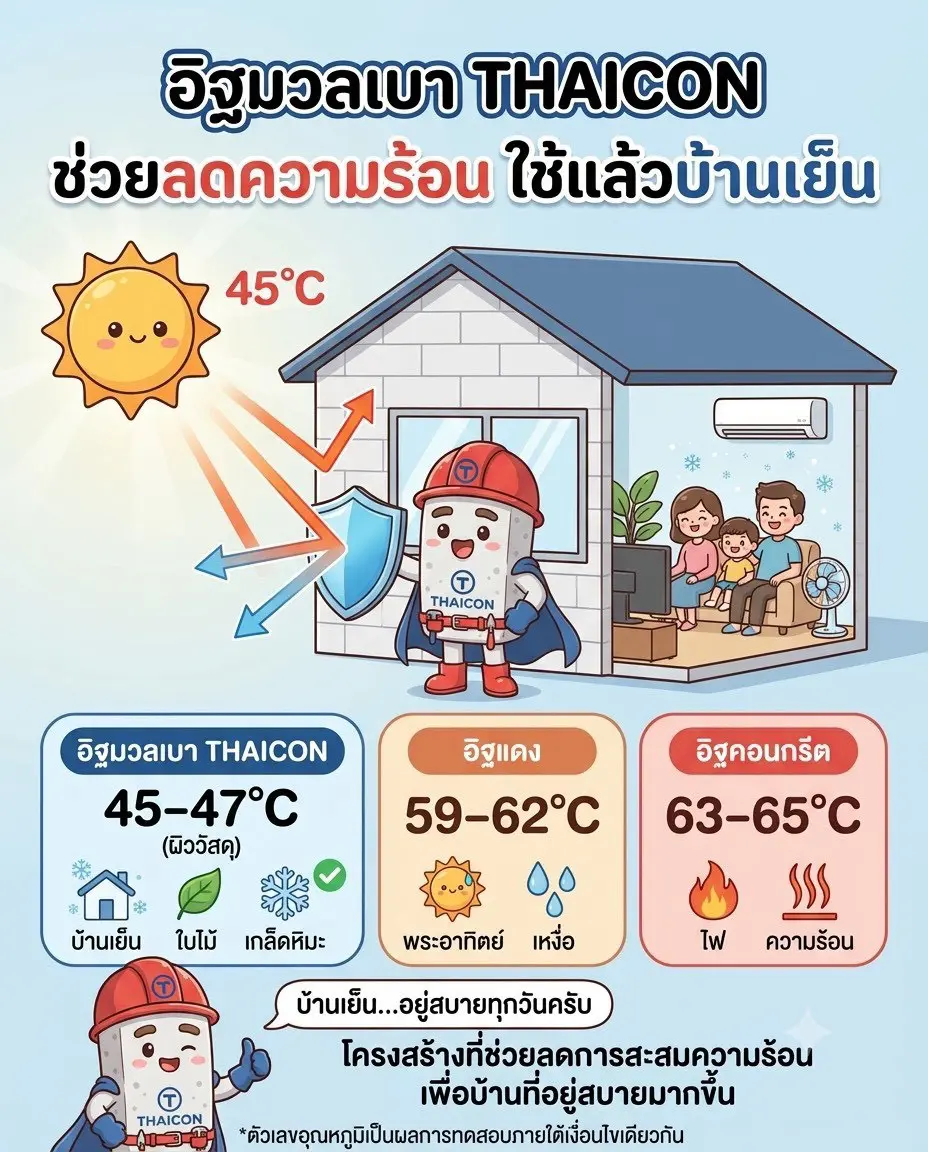 อิฐมวลเบาไทคอนช่วยลดความร้อน อุณหภูมิผนัง 45–47 องศา เทียบอิฐแดง 59–62 องศา และอิฐคอนกรีต 63–65 องศา