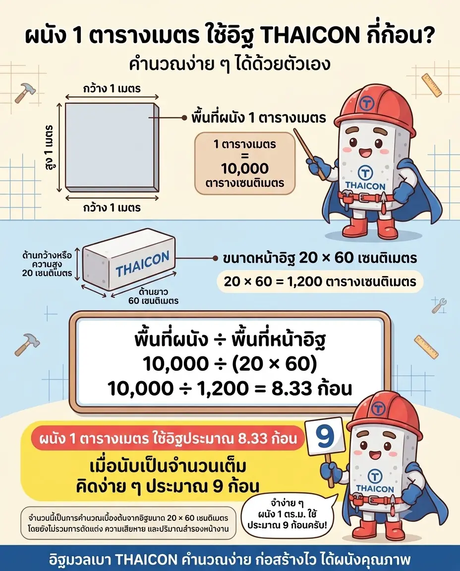 ผนัง 1 ตารางเมตร ใช้อิฐมวลเบาไทคอนกี่ก้อน คำนวณ 10,000 หาร 1,200 ได้ 8.33 ก้อน