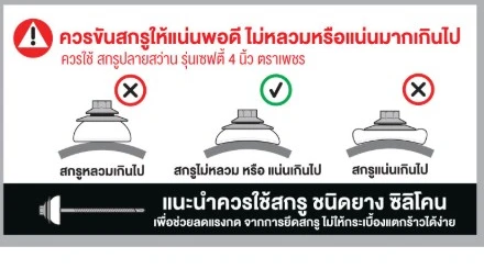 ควรขันสกรูให้แน่นพอดี ไม่หลวมหรือแน่นมากเกินไป ควรใช้ สกรูปลายสว่าน รุ่นเซฟตี้ 4 นิ้ว ตราเพชร สกรูหลวมเกินไป สกรูไม่หลวม หรือ แน่นเกินไป สกรูแน่นเกินไป แนะนำควรใช้สกรู ชนิดยาง ซิลิโคน เพื่อช่วยลดแรงกด จากการยึดสกรู ไม่ให้กระเบื้องแตกร้าวได้ง่าย